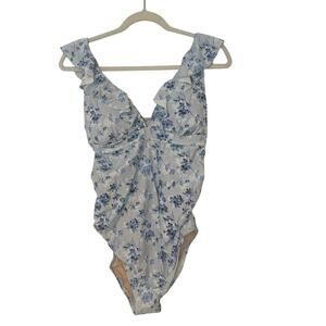 NWT A Pea in the Pod Ruffled Maternity Floral Swimsuit Light Blue Size S